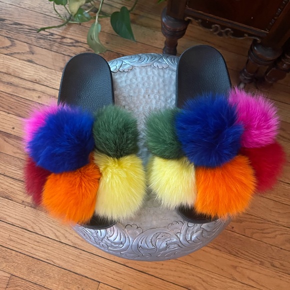 home made Shoes - New repurposed REAL FUR POM POM SLIDES